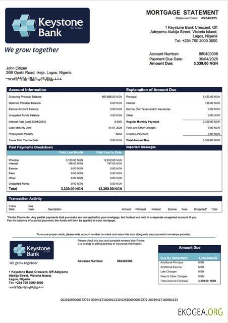 Modèle Word et PDF de relevé hypothécaire de la Keystone Bank du Nigeria